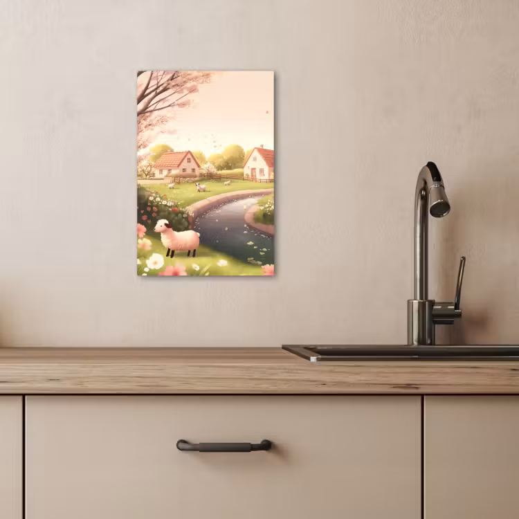 Canvas schilderij - Schapen - Huisje - Platteland — 1