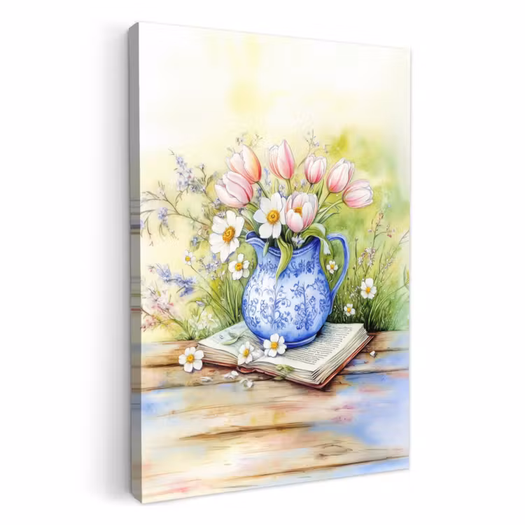 Canvas schilderij - Vaas - Delftsblauw - Madeliefjes — 1