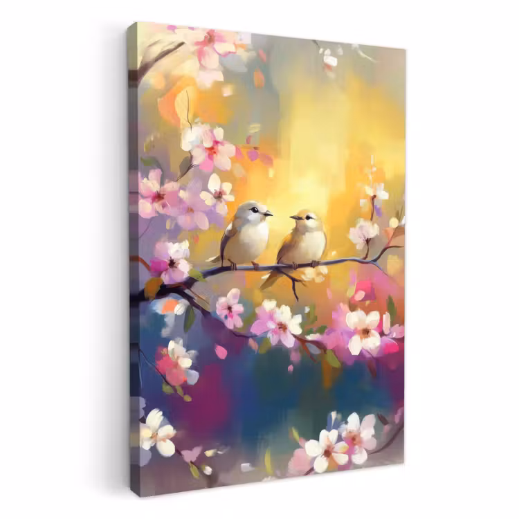 Canvas schilderij - Vogels - Bloemen - Roze — 2