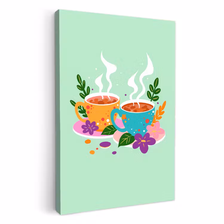 Canvas schilderij - Thee - Illustratie - Kopjes - Bloemen — 1