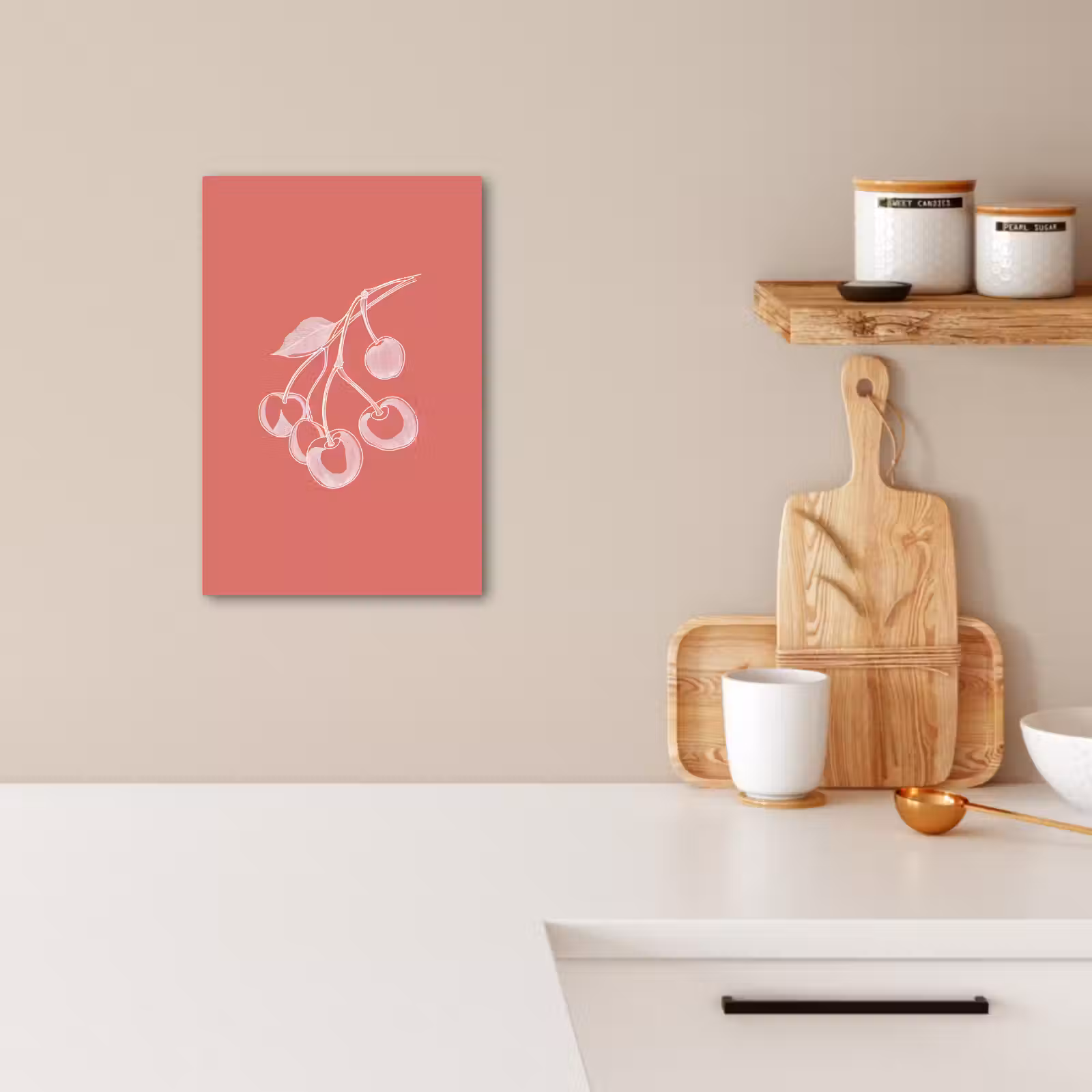 Canvas schilderij - Lijnillustratie - Kersen - Tak - Wit — 1