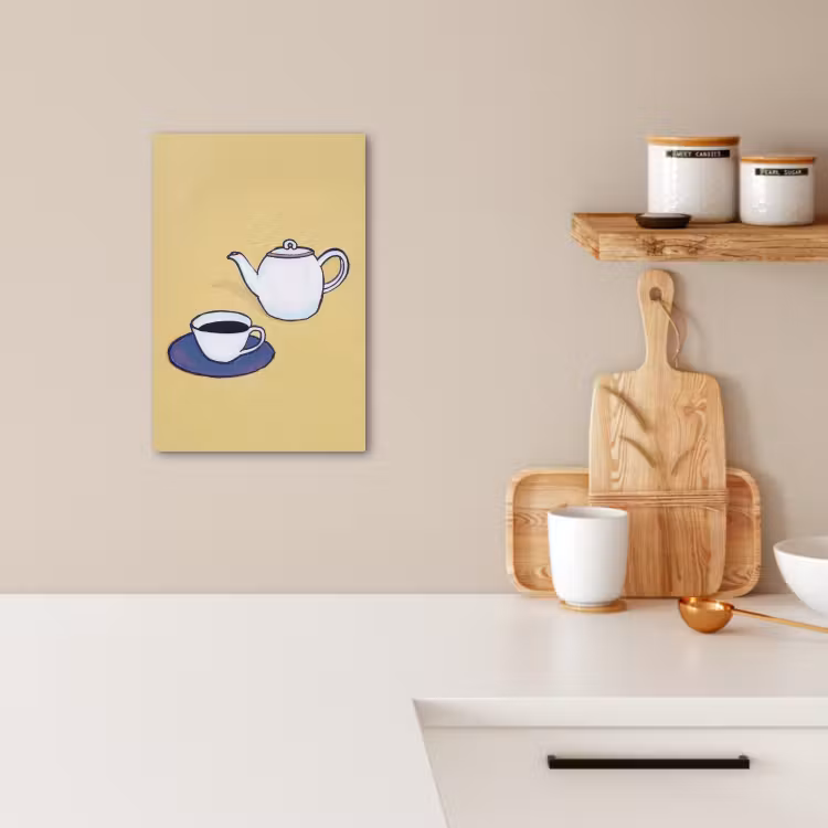 Canvas schilderij - Theepot - Kopje - Beige - Illustratie — 4