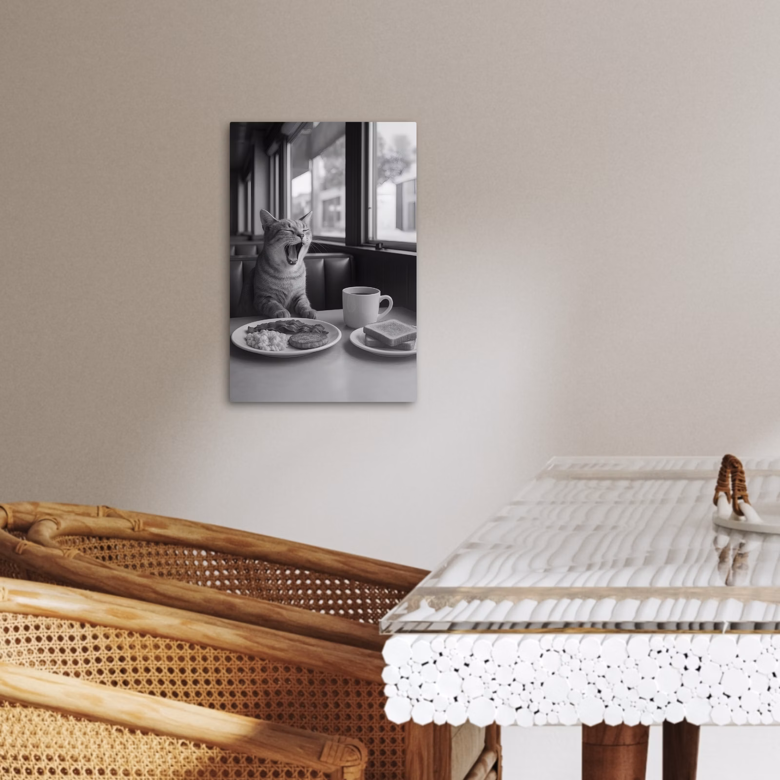 Canvas schilderij - Kat - Koffie - Brood - Zwart — 1