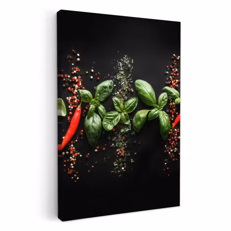 Canvas schilderij - Chilipepers - Basilicum - Blaadjes - Rood — 2
