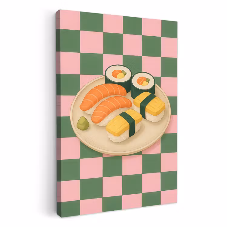 Canvas schilderij - Sushi - Bord - Geblokt - Groen — 1