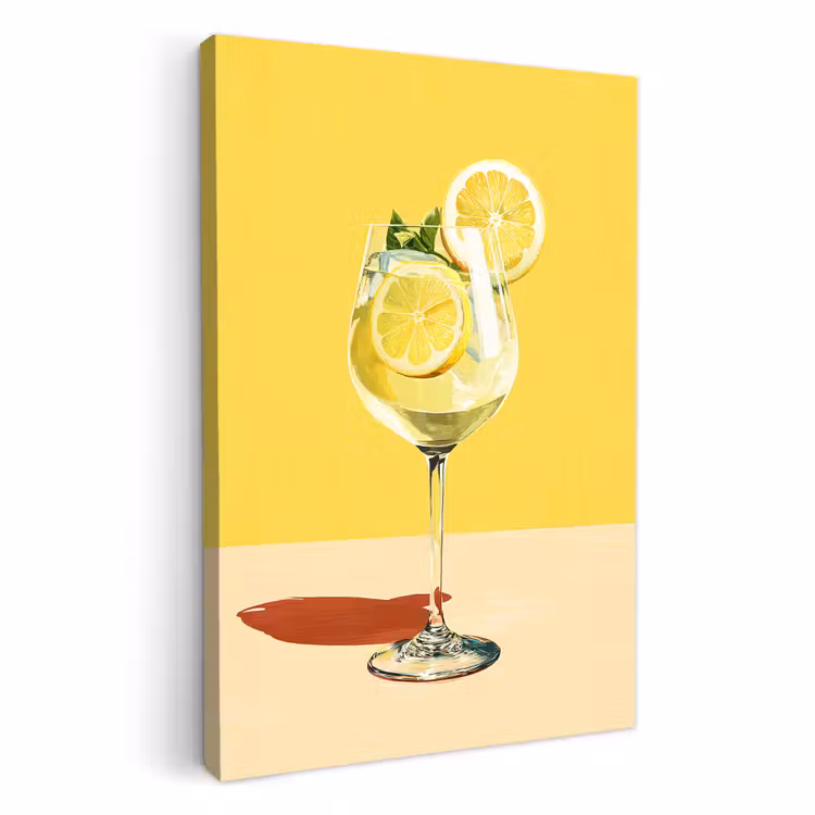 Canvas schilderij - Wijnglas - Citroen - Geel - Minimalistisch — 2
