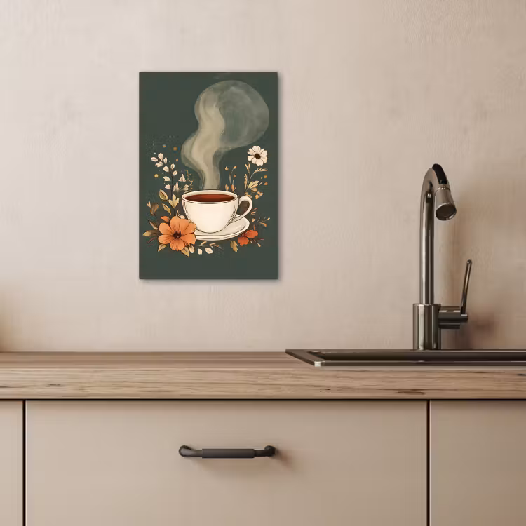 Canvas schilderij - Kop - Bloemen - Groen - Koffie — 1