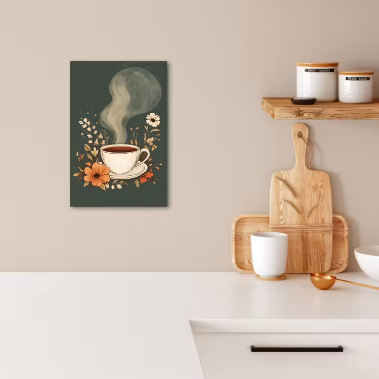 Canvas schilderij - Kop - Bloemen - Groen - Koffie — 4