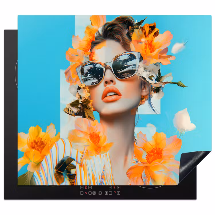Inductie beschermer - Bloemen - Vrouw - Zonnebril - Blauw — 1