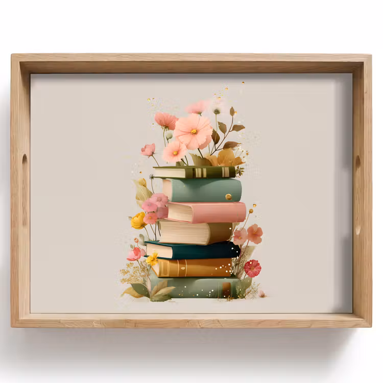 Dienblad - Boeken - Stapel - Bloemen - Kleurrijk — 1