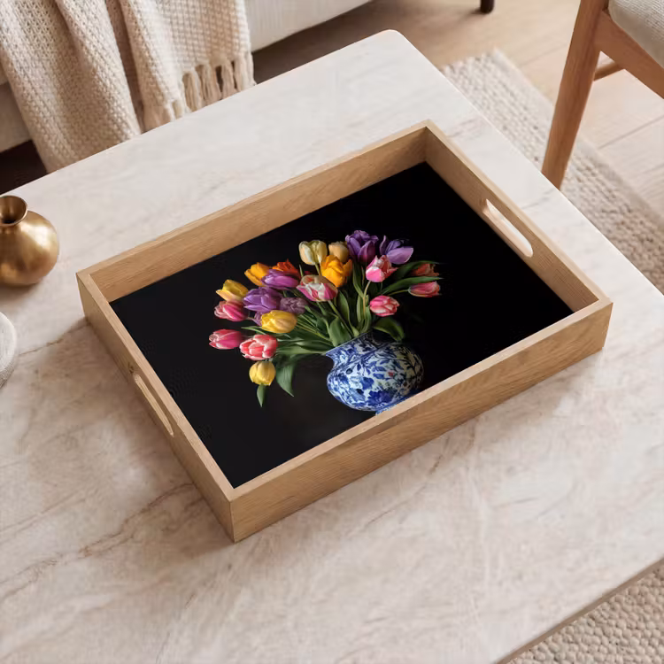 Dienblad - Tulpen - Kleuren - Hout - Vaas — 2