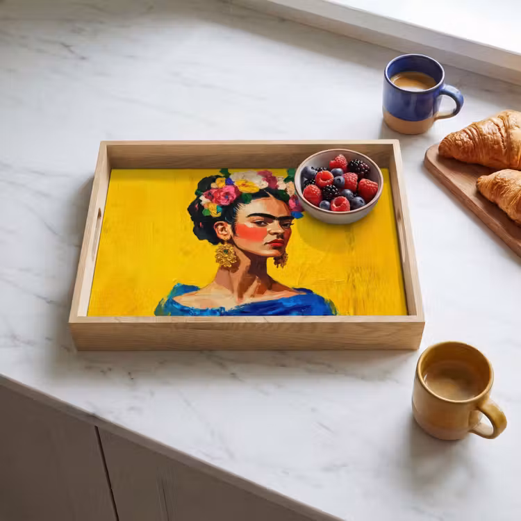 Dienblad - Frida Kahlo - Vrouw - Geel - Blauw - Bloemen — 3