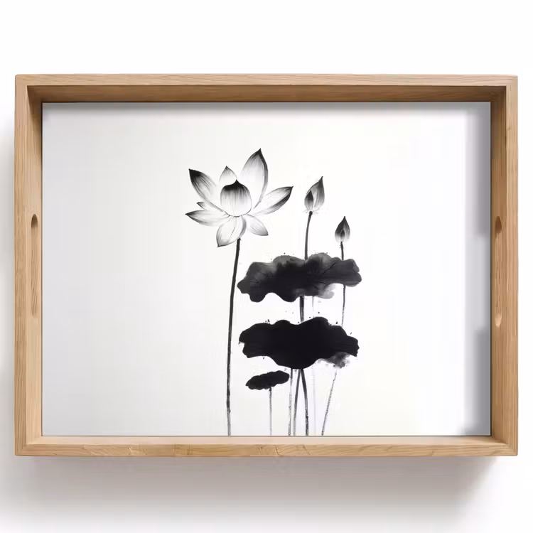 Dienblad - Bladeren - Zwart - Lotusbloem - Minimalitisch — 1
