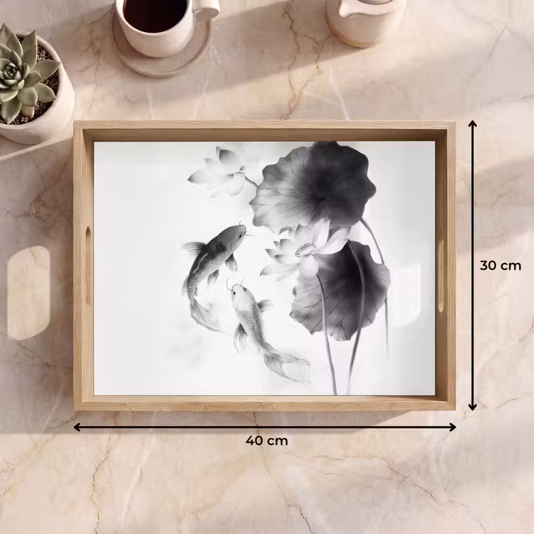 Dienblad - Lotusbloemen - Vissen - Bladeren - Zwart — 7