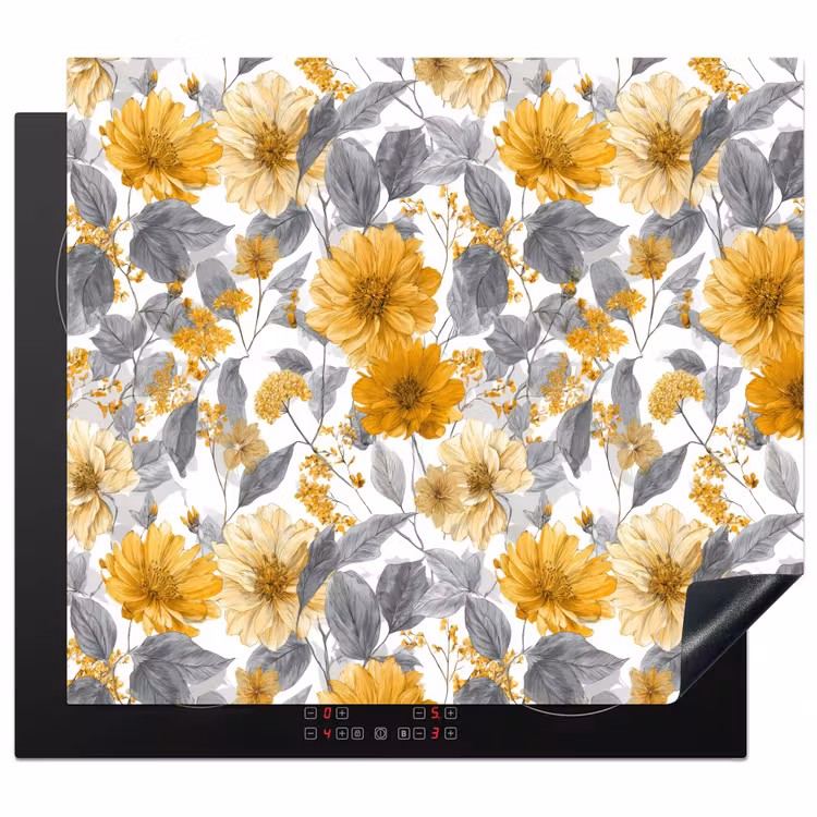 Inductie beschermer - Bloemen - Botanisch - Elegant - Okergeel - Grijs — 1