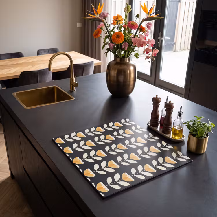 Inductie beschermer - Retro - Bloem - Zwart - Okergeel — 2