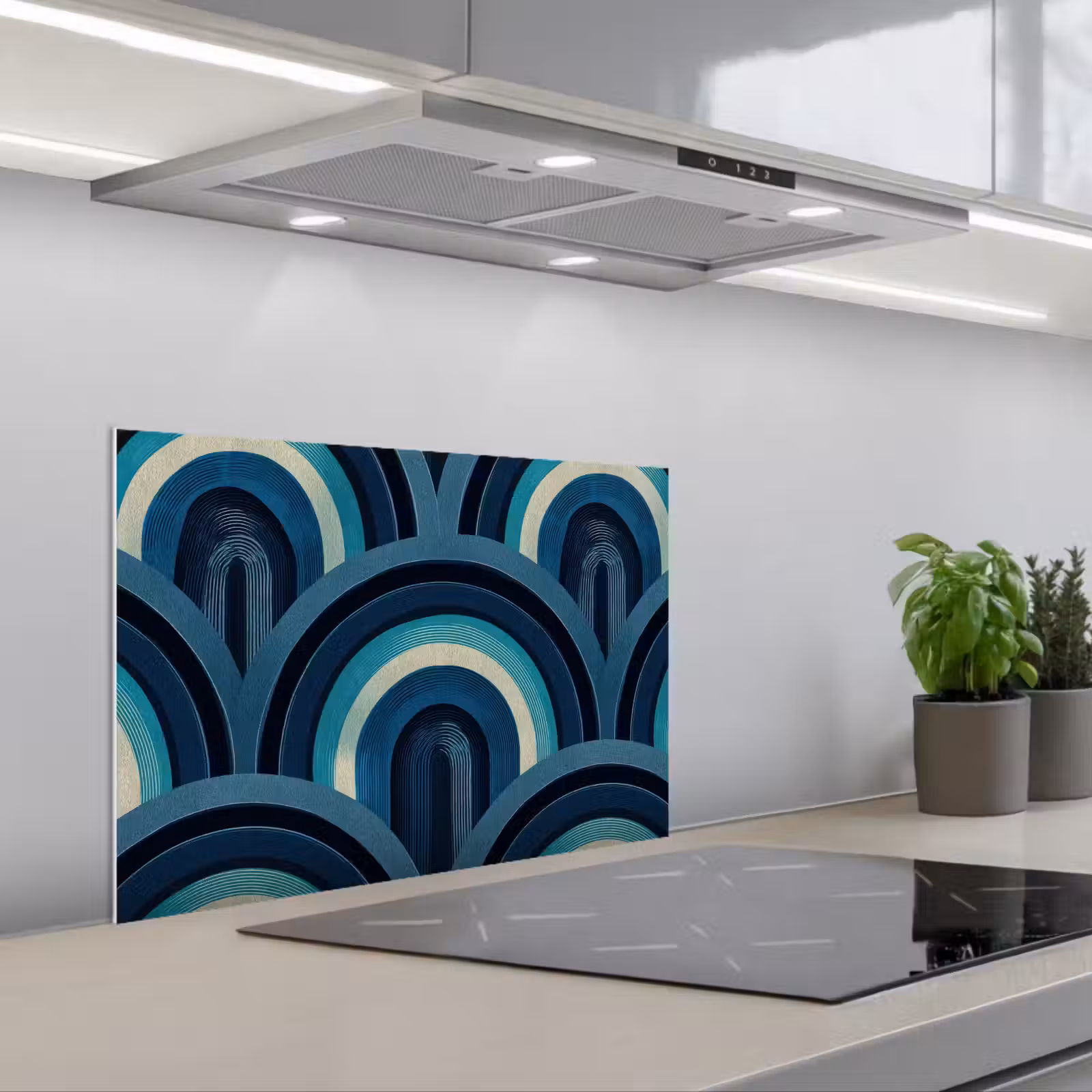 Spatscherm keuken - Bogen - Geometrisch - Patroon - Blauw - Retro — 1