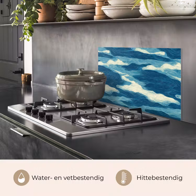Spatscherm keuken - Golven - Abstract - Patroon - Blauw - Wit — 2