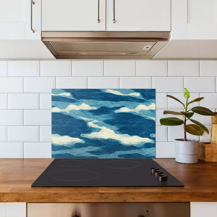 Spatscherm keuken - Golven - Abstract - Patroon - Blauw - Wit — 3