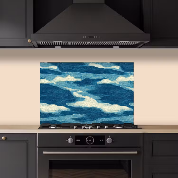 Spatscherm keuken - Golven - Abstract - Patroon - Blauw - Wit — 5