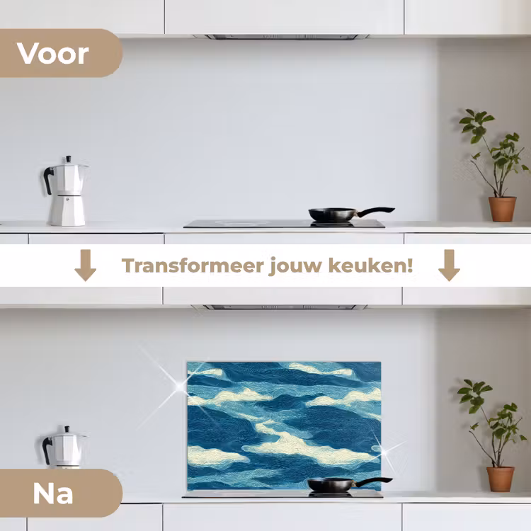 Spatscherm keuken - Golven - Abstract - Patroon - Blauw - Wit — 7