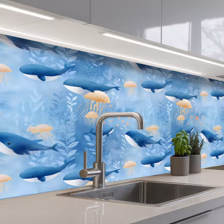 Spatscherm keuken - Walvissen - Oceaan - Blauw — 2
