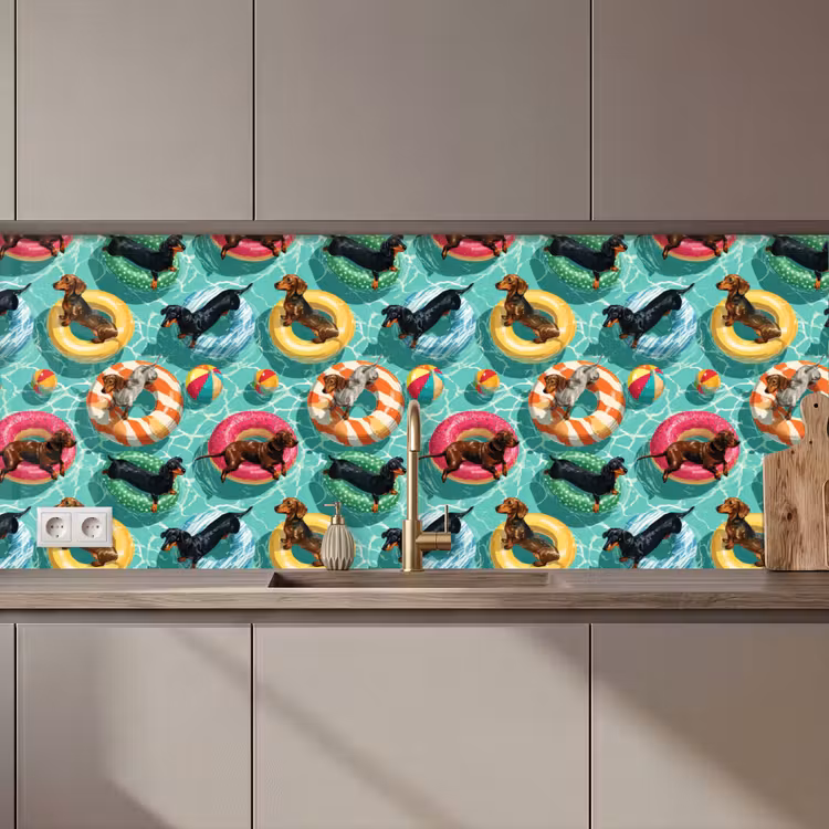 Spatscherm keuken - Teckels - Zwembad - Kleurrijk — 1