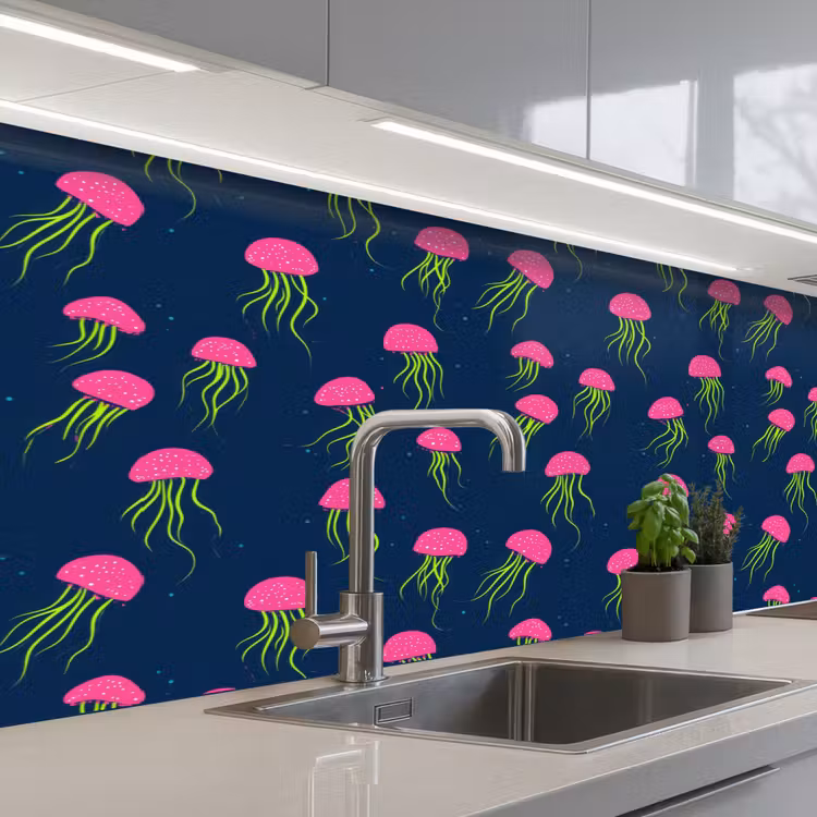 Spatscherm keuken - Kwallen - Diepzee - Neon — 2