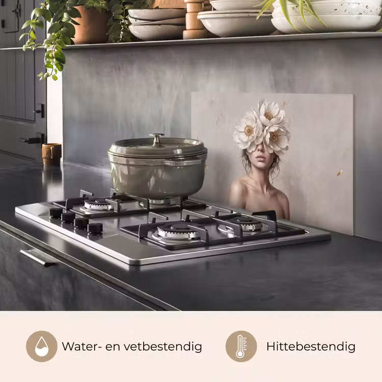 Spatscherm keuken - Vrouw - Pioenroos - Wit — 2