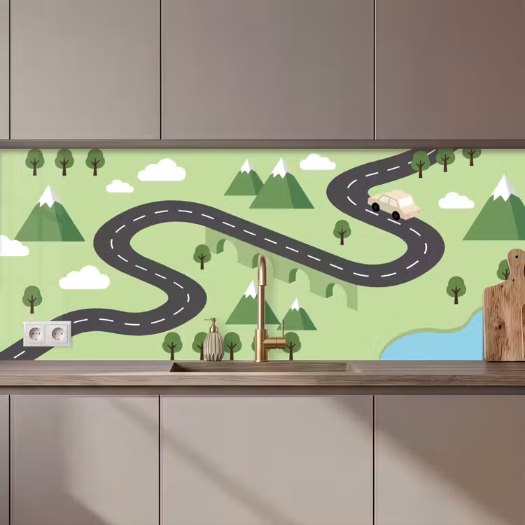 Spatscherm keuken - Auto - Bergweg - Natuur - Illustratie — 1