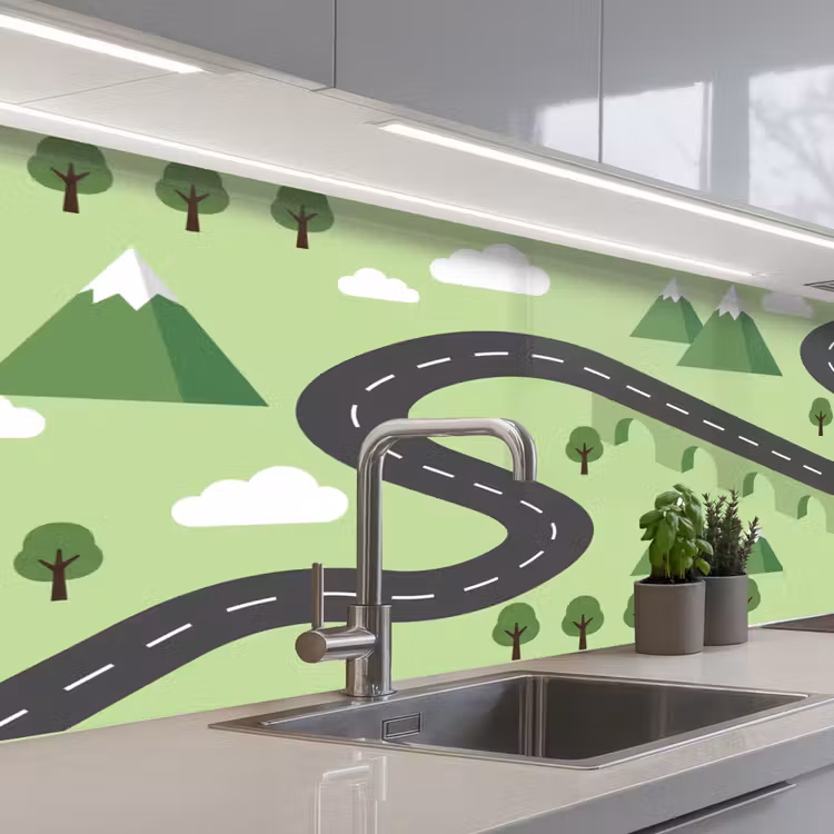 Spatscherm keuken - Auto - Bergweg - Natuur - Illustratie — 2
