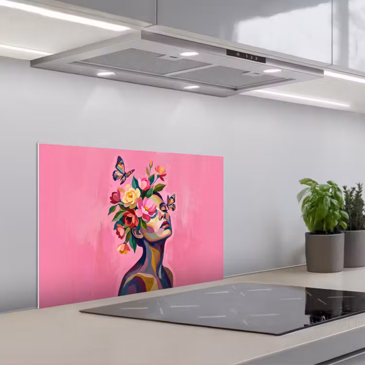 Spatscherm keuken - Vrouwengezicht - Vlinders - Kleurrijk — 1