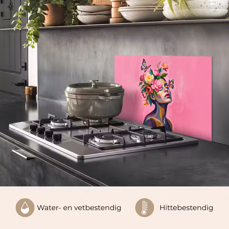 Spatscherm keuken - Vrouwengezicht - Vlinders - Kleurrijk — 2