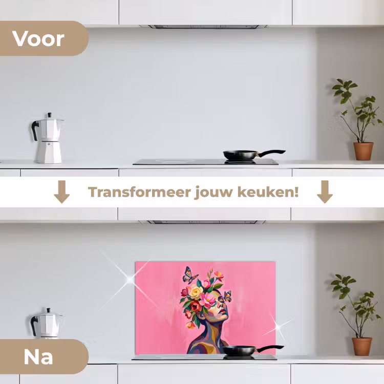 Spatscherm keuken - Vrouwengezicht - Vlinders - Kleurrijk — 7