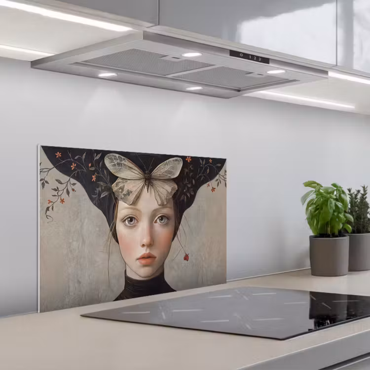 Spatscherm keuken - Woman - Butterfly - Art - Classic - Muted — 1