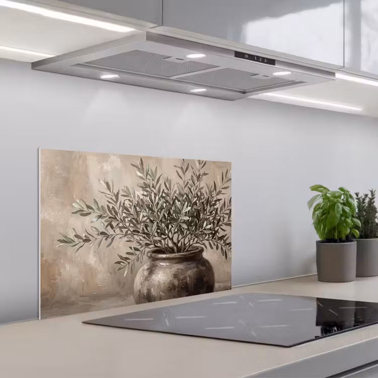 Spatscherm keuken - Olijfplant - Aardenpot - Abstract - Beige — 1