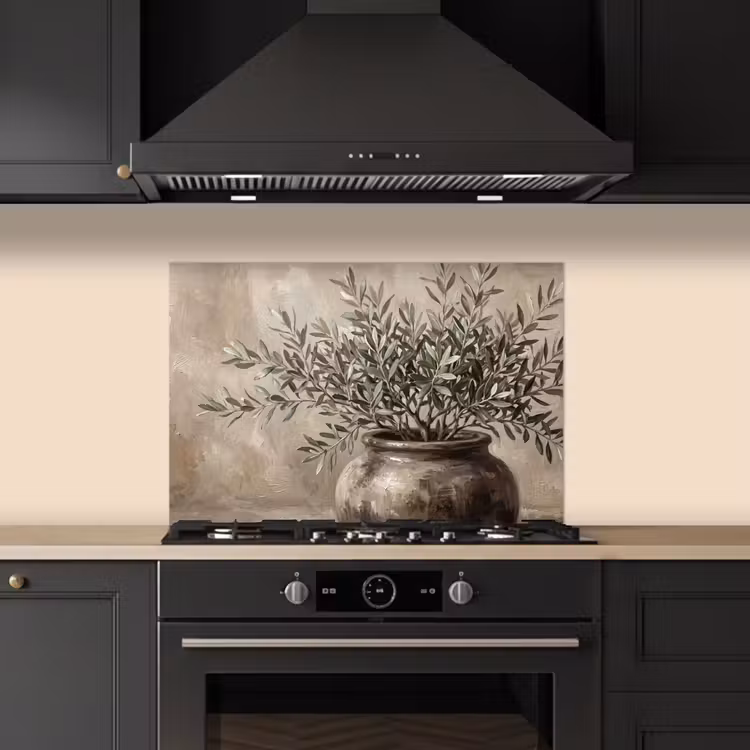 Spatscherm keuken - Olijfplant - Aardenpot - Abstract - Beige — 5