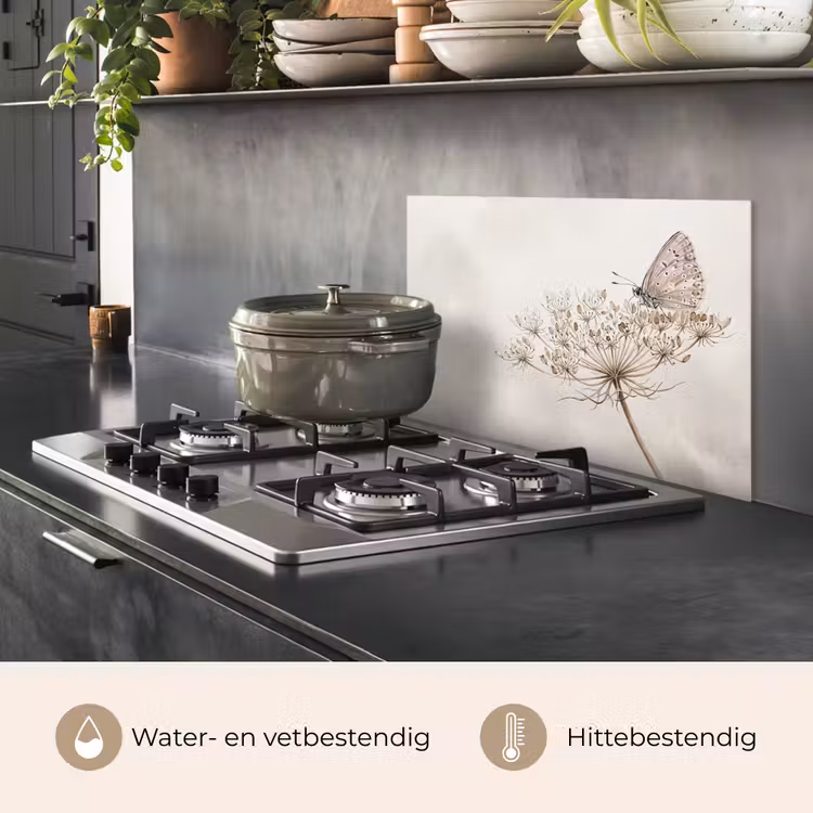 Spatscherm keuken - Vlinder - Bloem -Natuur - Beige — 2