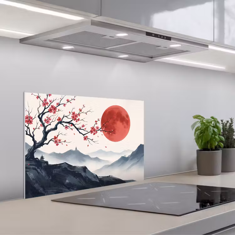 Spatscherm keuken - Kersenbloesem - Oosters - Rood — 1