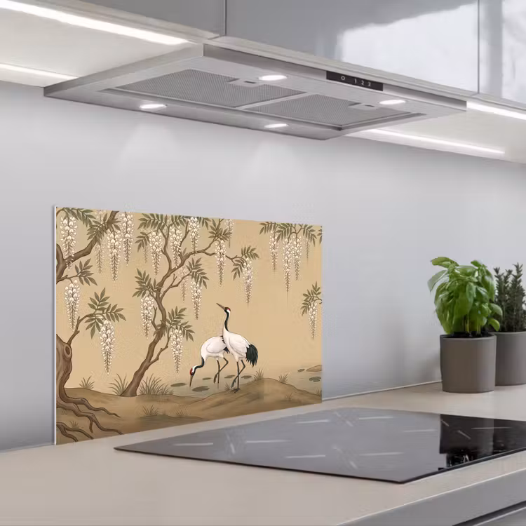 Spatscherm keuken - Kraanvogels - Water - Beige — 1