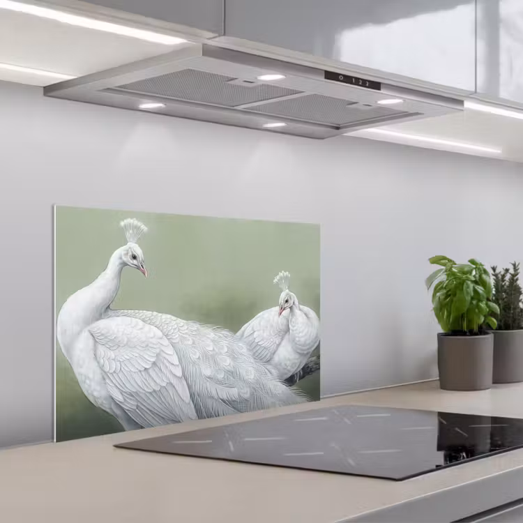 Spatscherm keuken - Pauwen - Wit - Natuur - Groen — 1