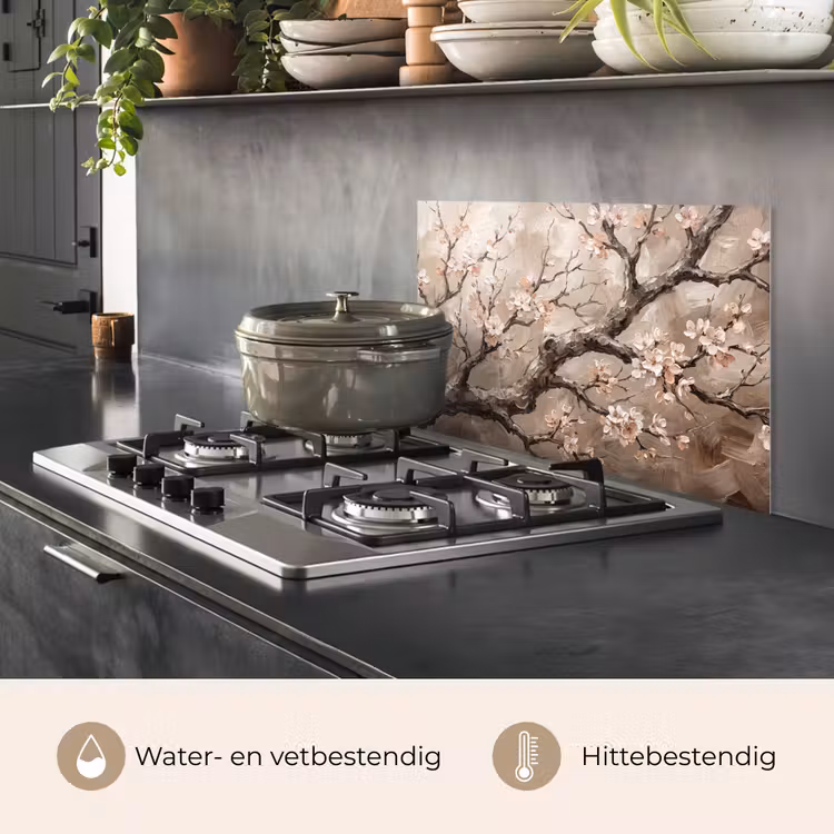 Spatscherm keuken - Bloesem - Takken - Schilderij - Beige - Serene — 2