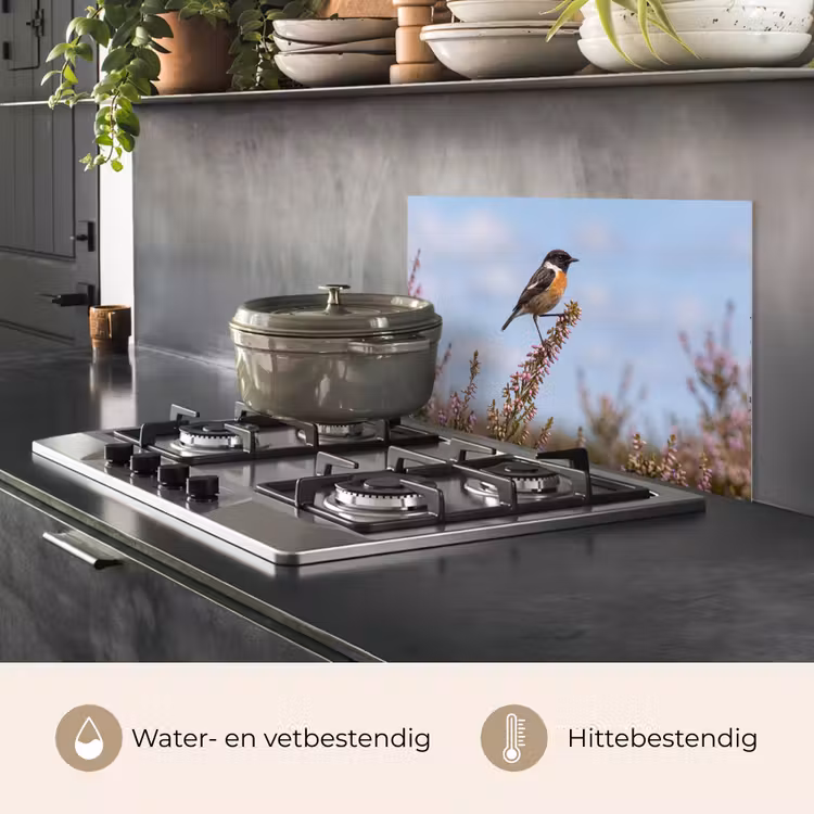 Spatscherm keuken - Roodborsttapuit - Heide - Paars - Natuur - Sfeervol — 2