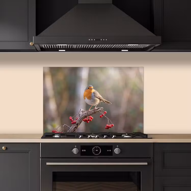 Spatscherm keuken - Roodborst - Tak - Bessen - Natuur — 5