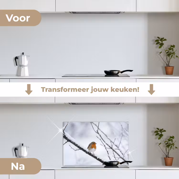 Spatscherm keuken - Roodborstje - Tak - Sneeuw - Winter - Levendig — 7