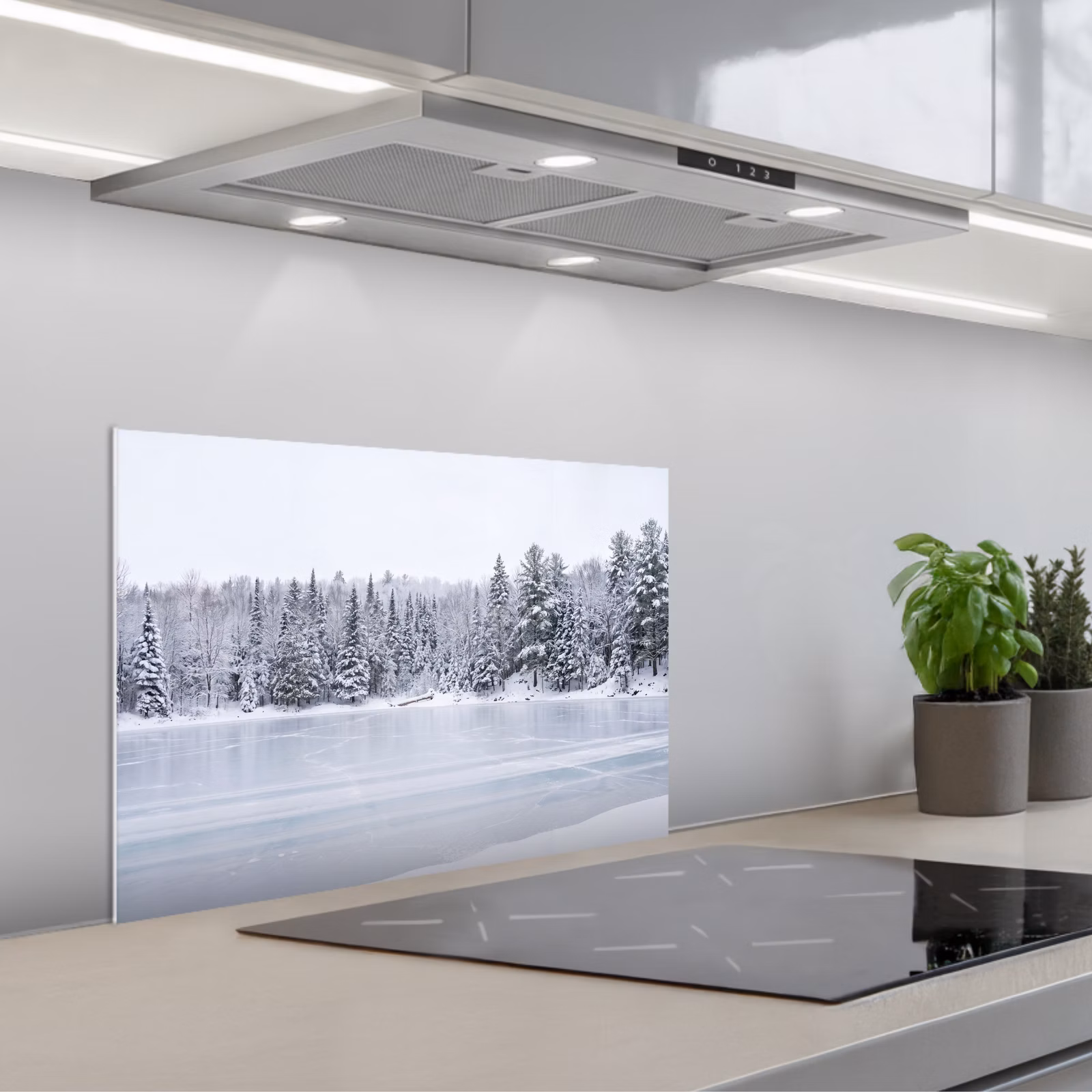 Spatscherm keuken - Meer - Dennen - IJs - Winter - Rustgevend — 1