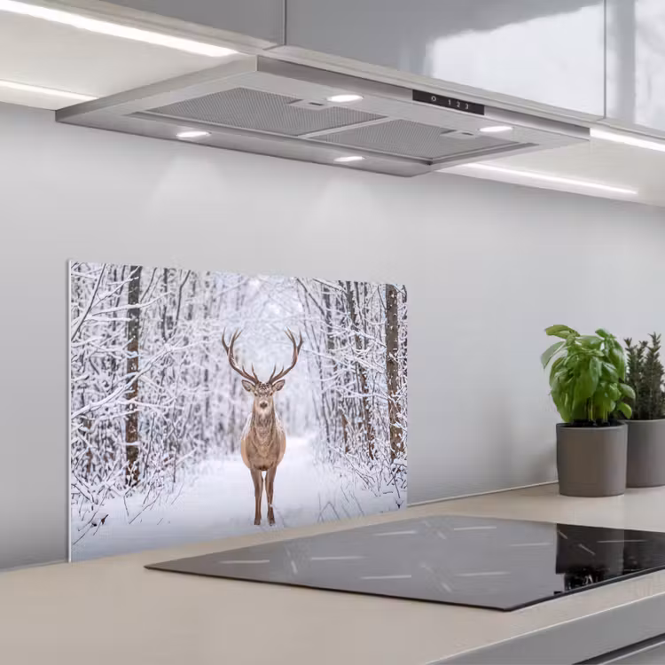 Spatscherm keuken - Hert - Winter - Bos - Natuur - Wit — 1
