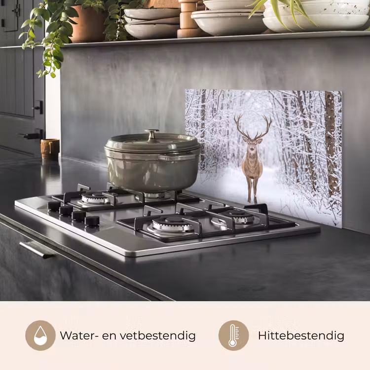 Spatscherm keuken - Hert - Winter - Bos - Natuur - Wit — 2