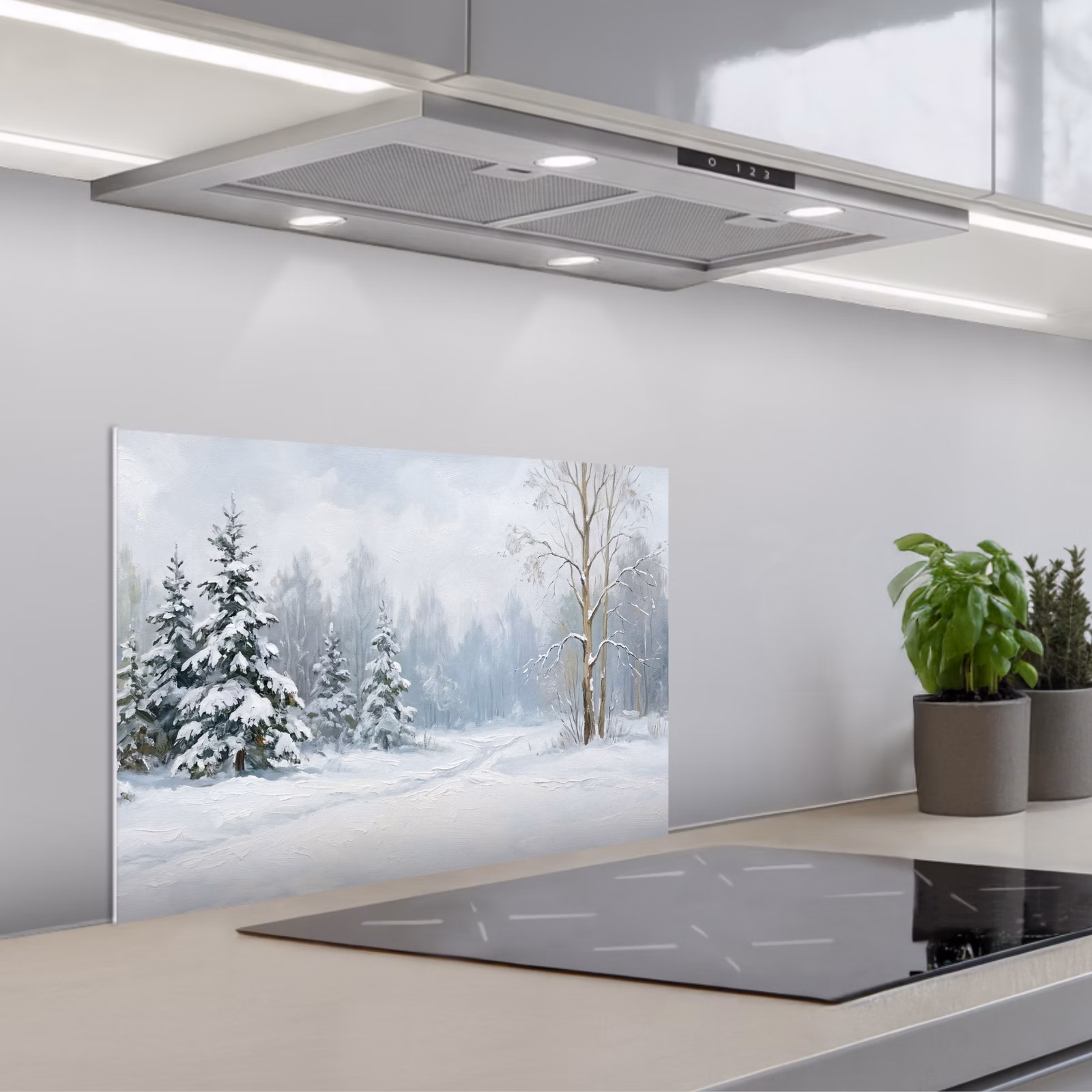 Spatscherm keuken - Bospad - Dennen - Sneeuw - Winter - Rustgevend — 1