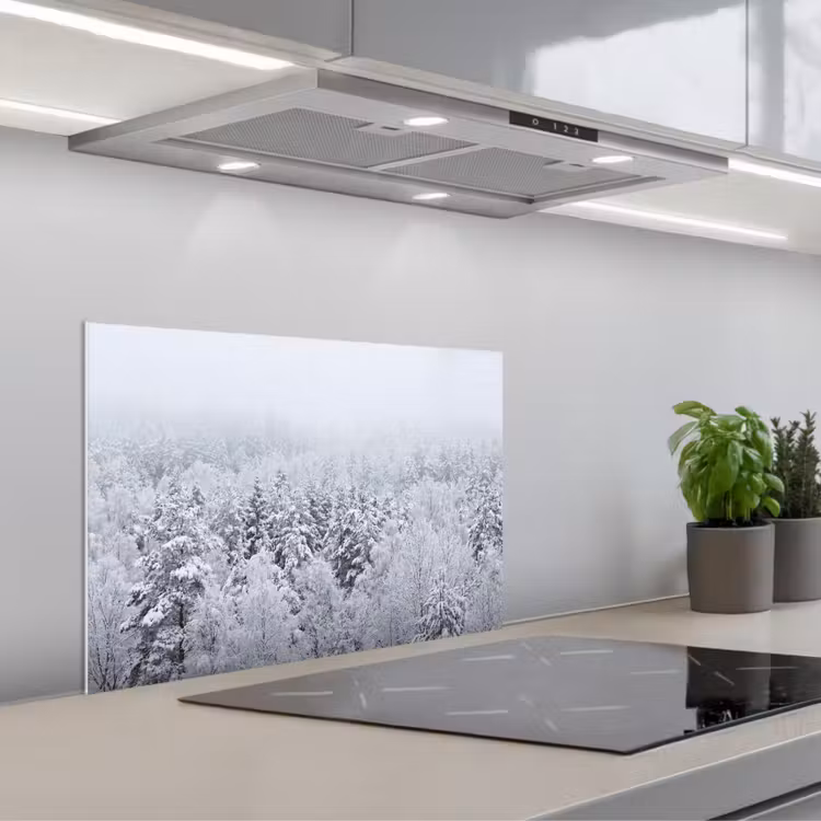 Spatscherm keuken - Bos - Sneeuw - Winter - Natuur - Wit — 1